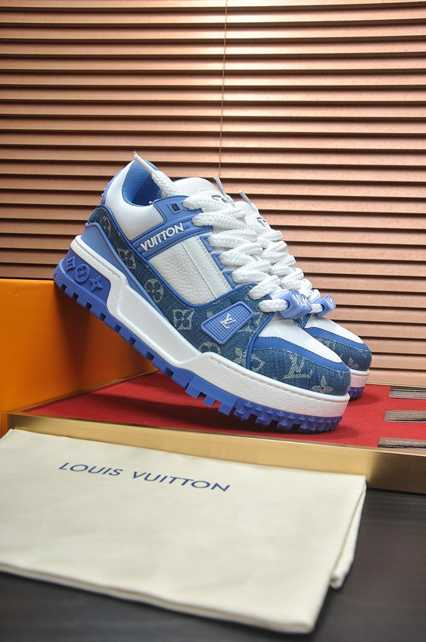 LV TRAINER SNEAKER BLUE MONOGRAM DENIM AND WHITE CALFSKIN