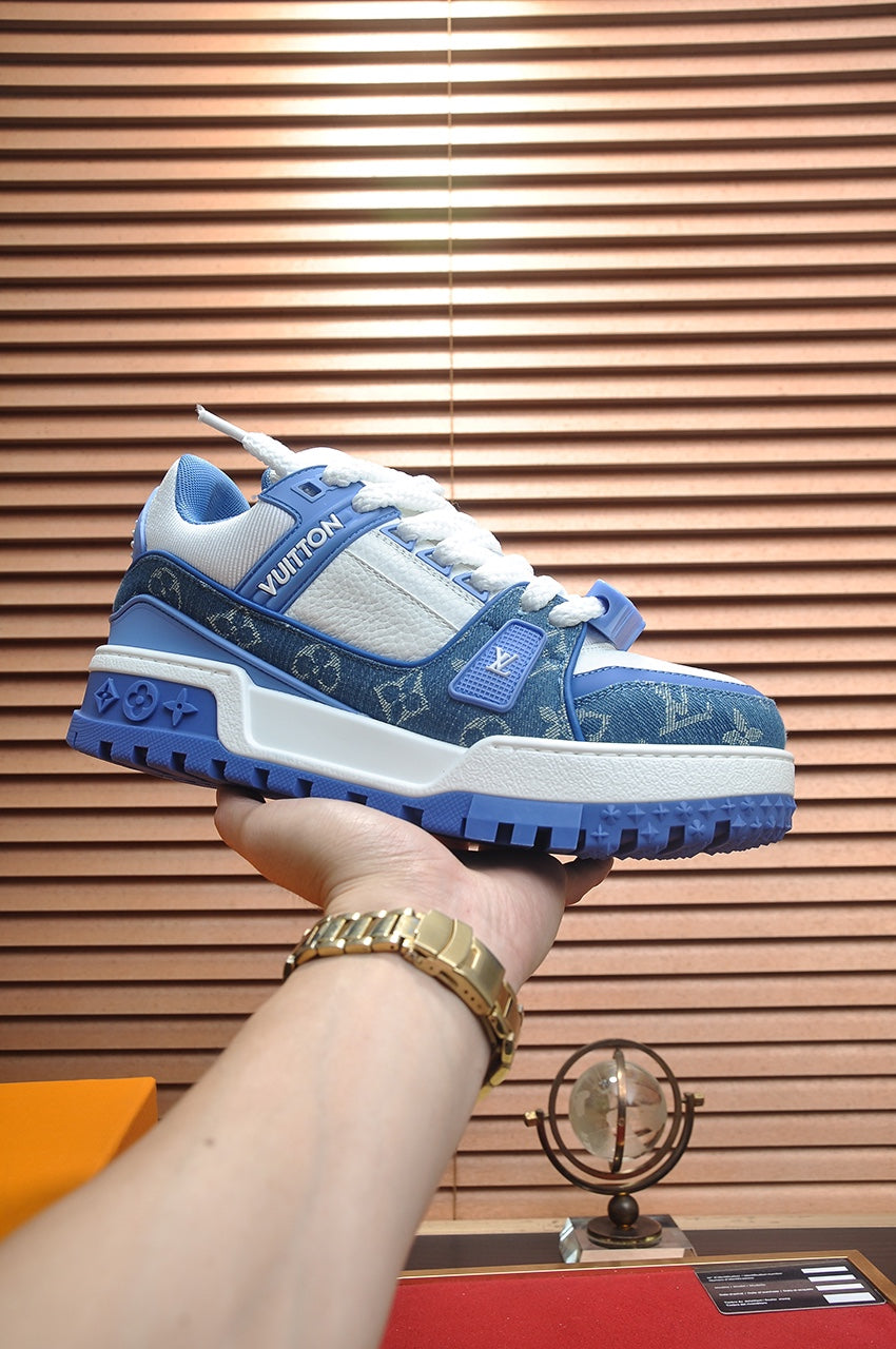 LV TRAINER SNEAKER BLUE MONOGRAM DENIM AND WHITE CALFSKIN