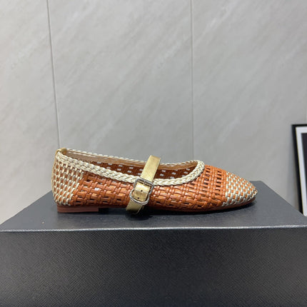 ALAIA MARY JANE FLATS WOVEN PATTERN 25S IN BROWN CALFSKIN