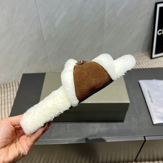 BALENCIAGA 25S SLIPPERS IN BROWN SUEDE AND WHITE WOOL