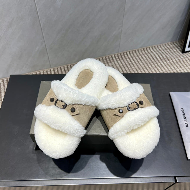 BALENCIAGA 25S SLIPPERS IN DARK BEIGE SUEDE AND WHITE WOOL