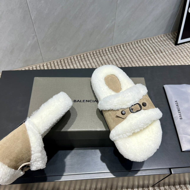 BALENCIAGA 25S SLIPPERS IN DARK BEIGE SUEDE AND WHITE WOOL