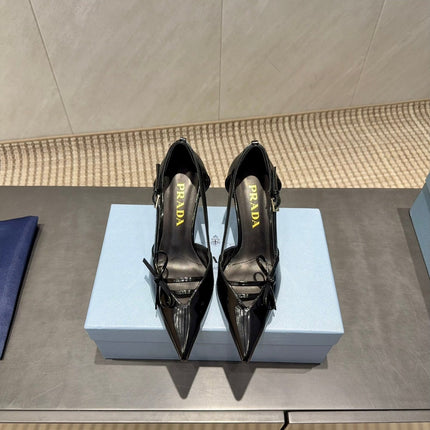 PRADA 26S POINTED TOE CUT OUT HIGH HEELS 75MM IN BLACK CALFSKIN WITH BOW
