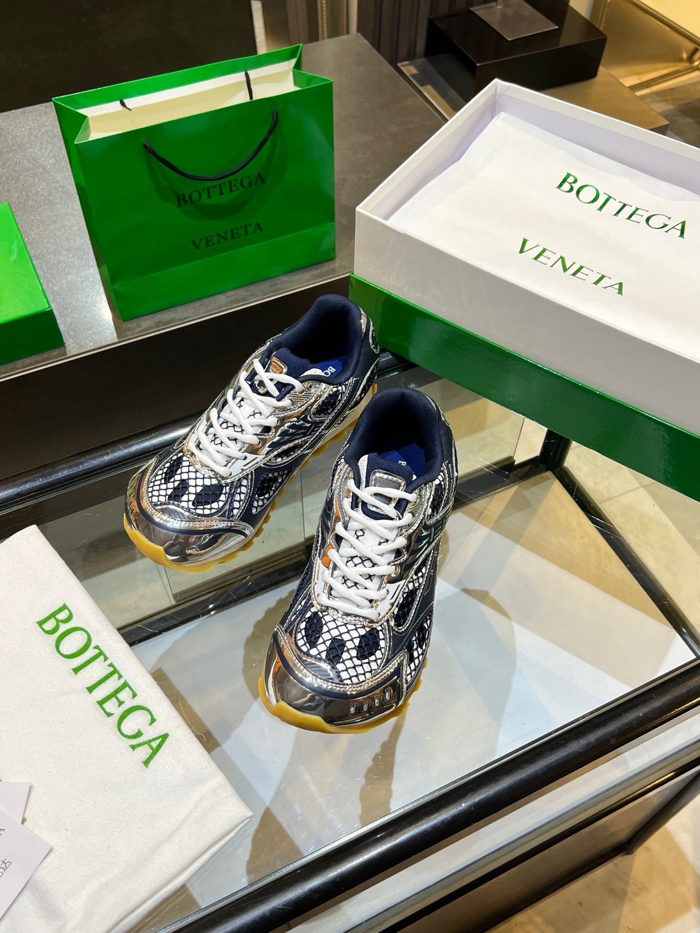 BOTTEGA VENETA 26S ORBIT SNEAKERS IN SILVER AND NAVY BLUE TECHNICAL MESH
