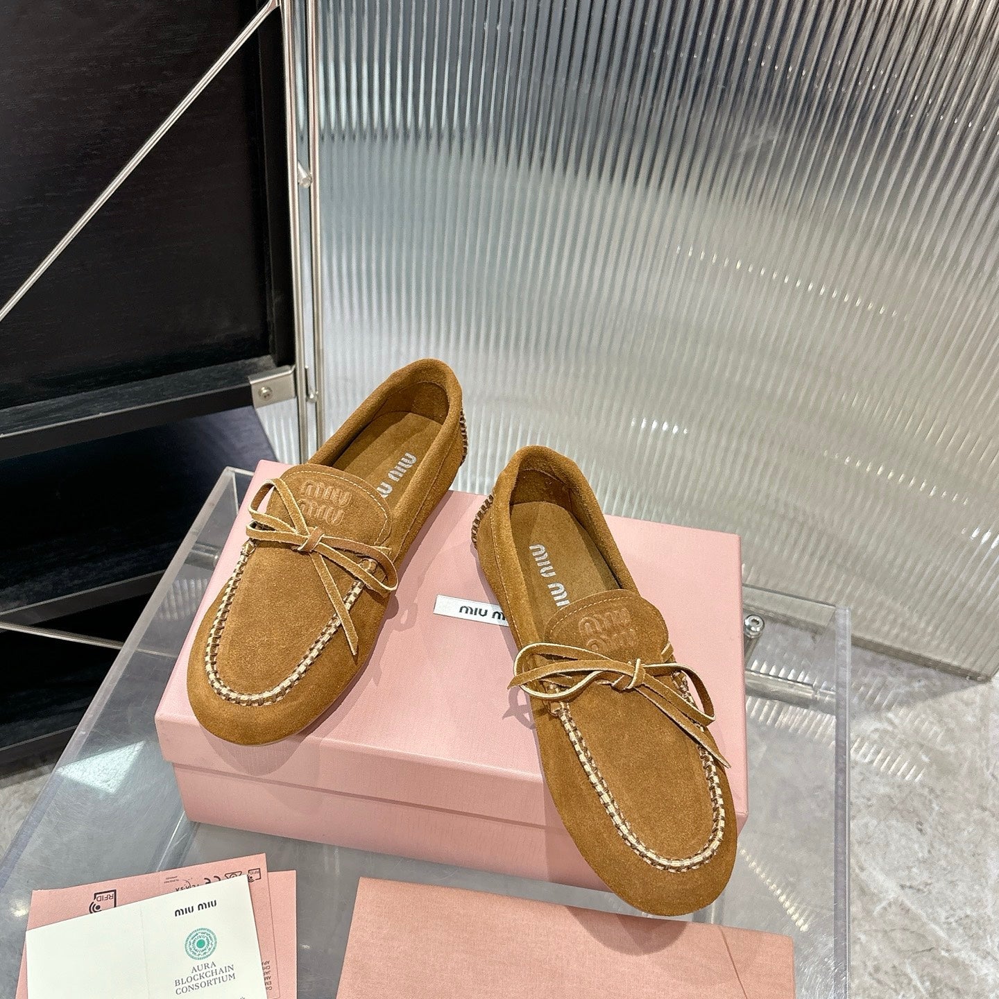 MIUMIU 26S LOAFERS IN TAN BROWN SUEDE WITH BOW