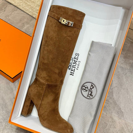 HM 25S KELLY KNEE-HIGH BOOTS IN BROWN SUEDE WITH SILVER HARDWARE