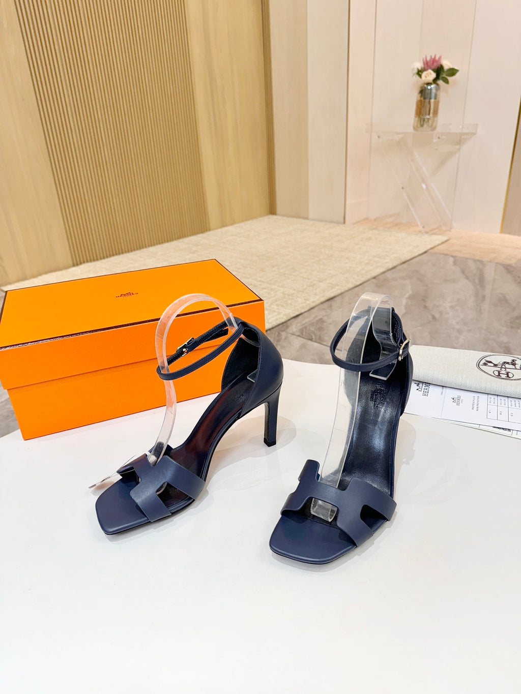 HM 26S H HIGH HEEL SANDALS 90MM IN NAVY BLUE CALFSKIN