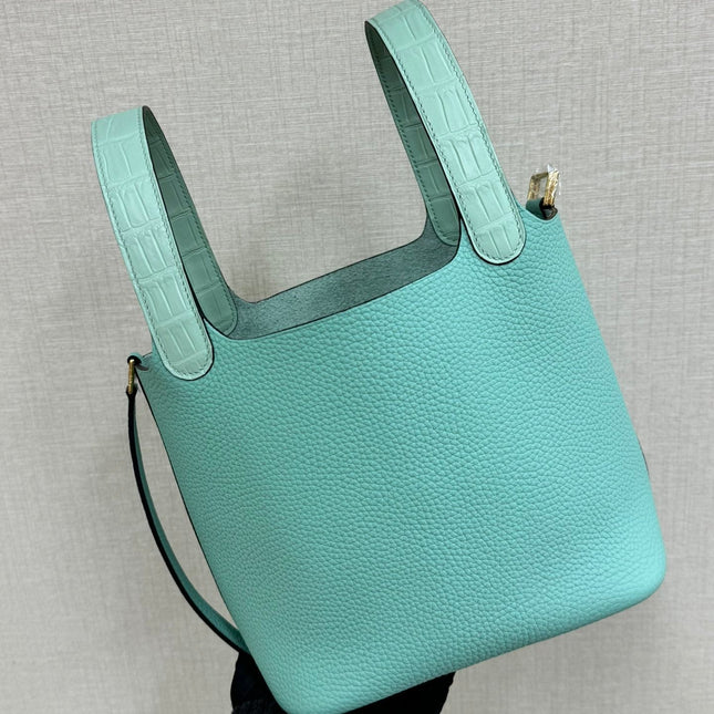 HM 25S PICOTIN LOCK 18 CM IN AQUAMARINE COWHIDE WITH CROCODILE HANDLE STYLE 7