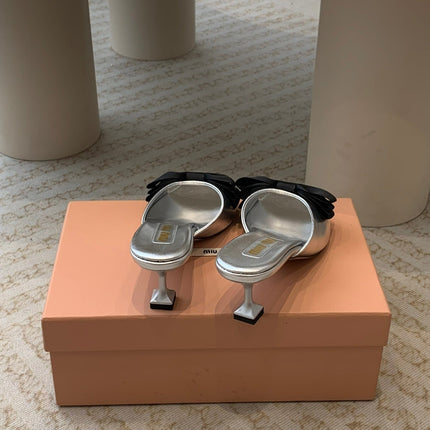 Silver Mid - Heels With Black Bow Calfskin