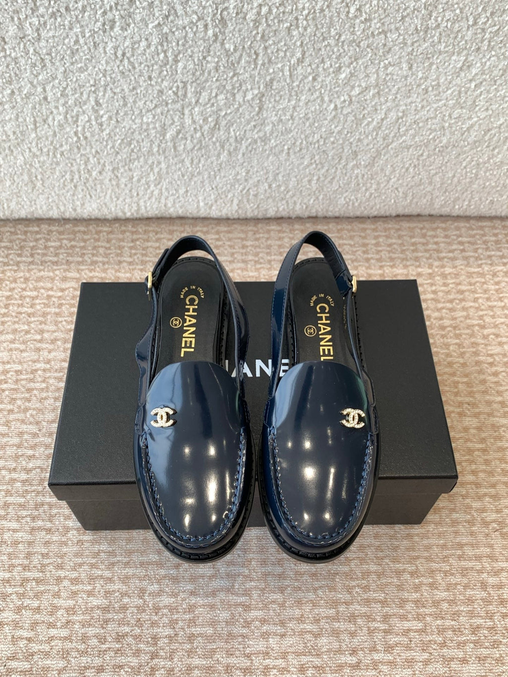 CC MOCCASIN SLINGBACK IN AEGEAN BLUE PATENT CALFSKIN