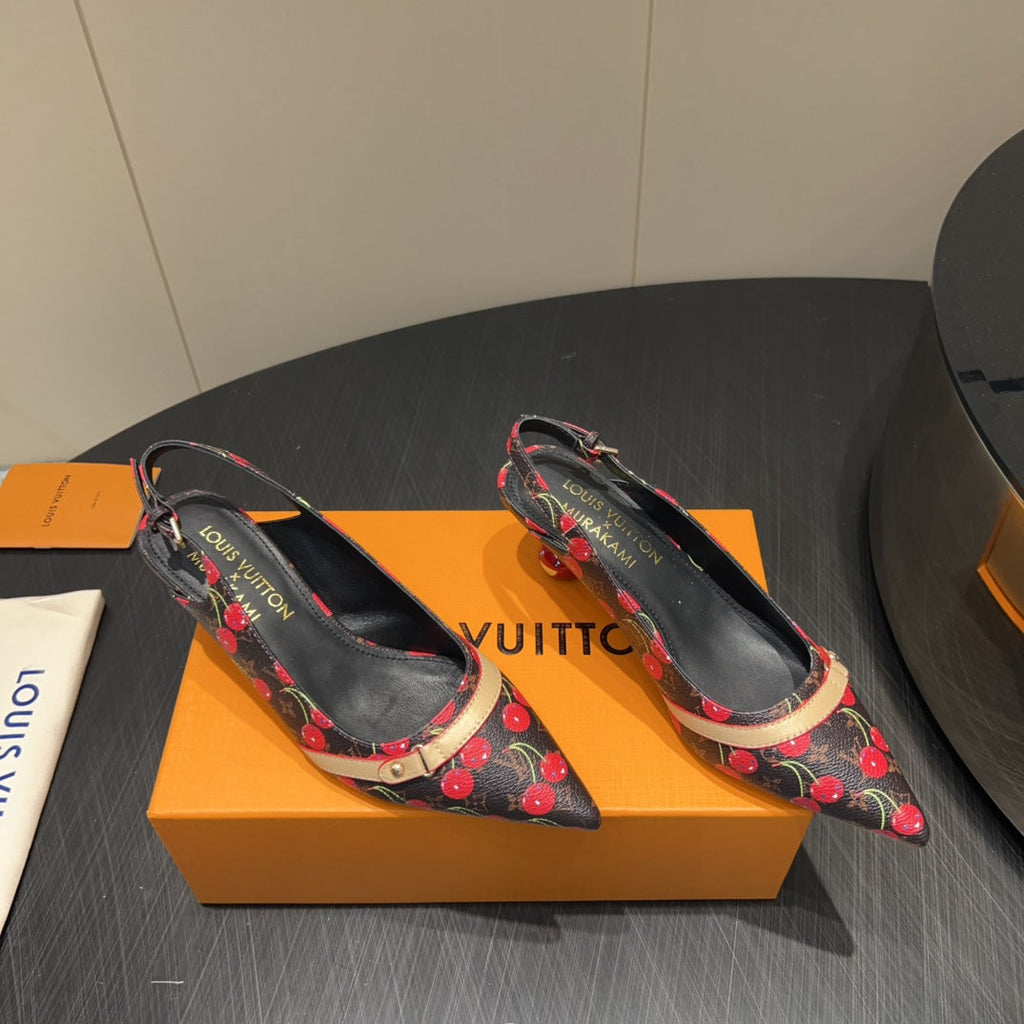 LV HIGH SLINGBACK LOGO AND CHERRY PRINT 25S 55MM IN DARK BROWN CALFSKIN