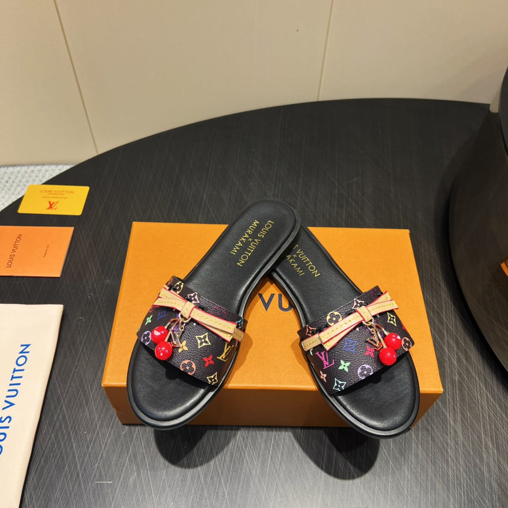 LV SLIDE SANDALS LOGO PRINT 25S IN BLACK CALFSKIN WITH CHERRY BLOSSOM BUCKLE