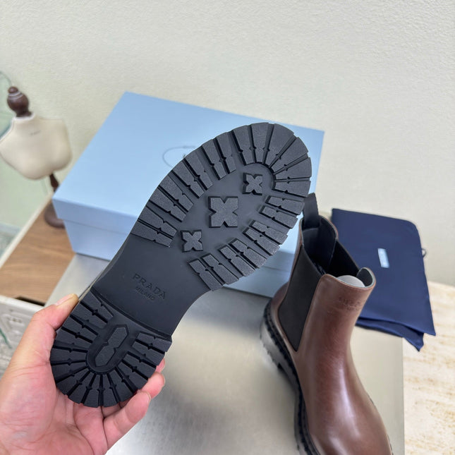 PRADA 25S PLATFORM CHELSEA BOOTS IN DARK BROWN CALFSKIN