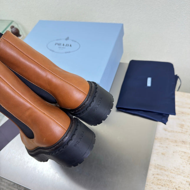 PRADA 25S PLATFORM CHELSEA BOOTS IN BROWN CALFSKIN