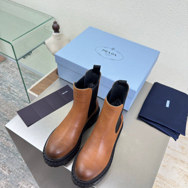PRADA 25S PLATFORM CHELSEA BOOTS IN BROWN CALFSKIN