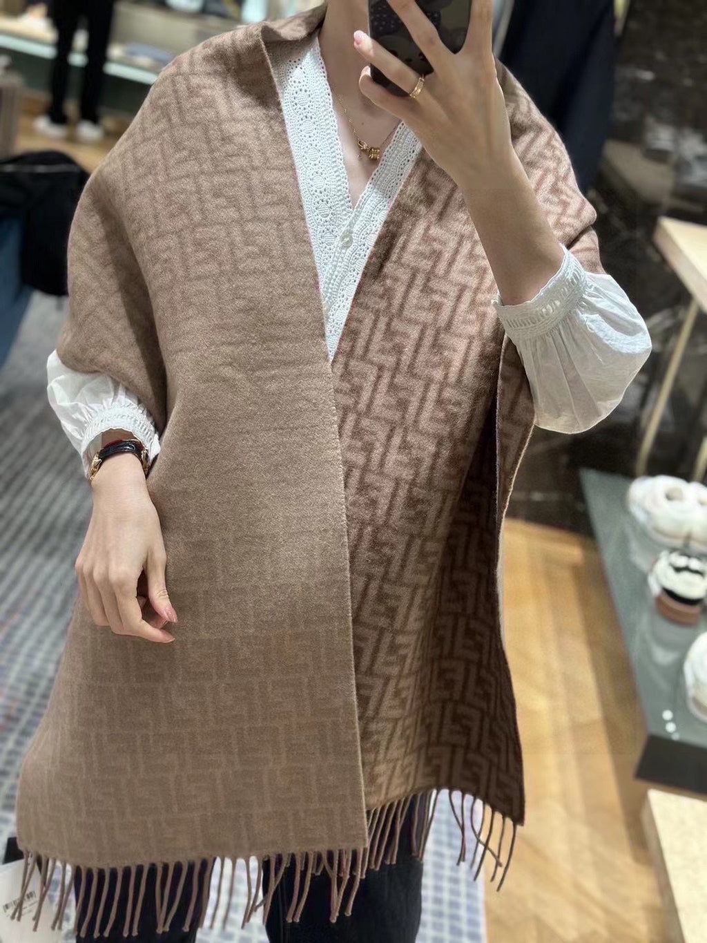FF SCARF 180 CM IN MEDIUM BROWN MONOGRAM WOOL AND CASHMERE 411831