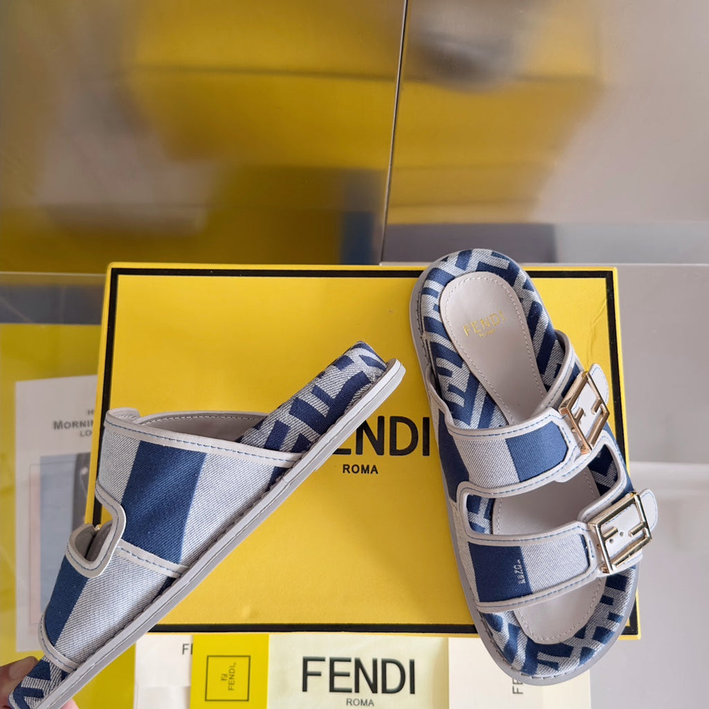 FENDI DAD SANDAL IN NAVY BLUE MIX WHITE MONOGRAM JACQUARD FABRIC
