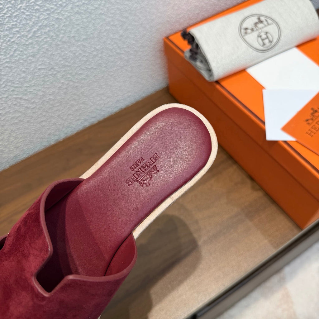 HM 26S H CUT PLATFORM SLIDES IN BURGUNDY RED SUEDE CORK SOLE