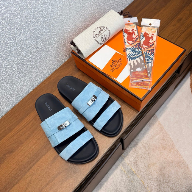 HM 26S KELLY BUCKLE DOUBLE STRAP SANDALS IN LIGHT BLUE SUEDE SILVER HARDWARE