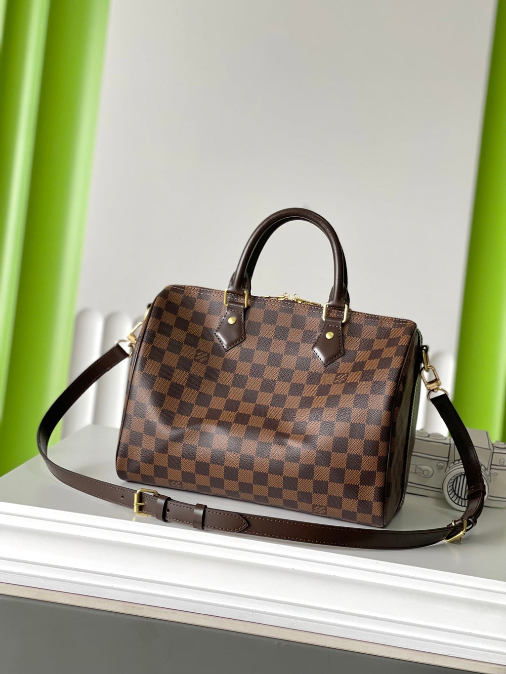 SPEEDY BANDOLIÈRE 30 IN DARK BROWN DAMIER EBENE CANVAS GOLD LOCK