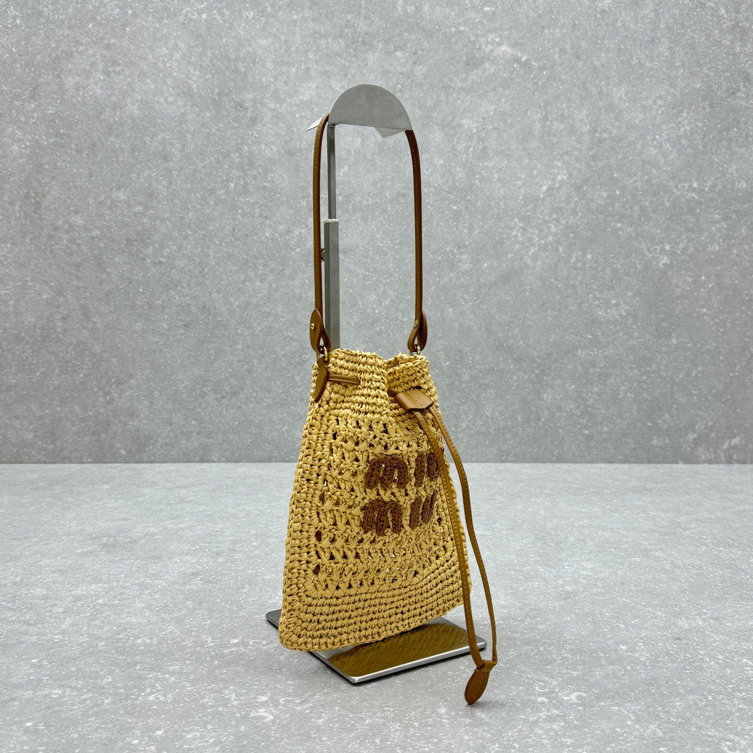 MIUMIU 26S DRAWSTRING TOTE BAG 20 IN BEIGE RAFFIA