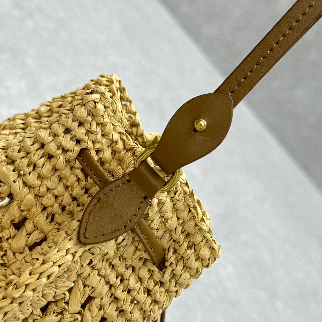 MIUMIU 26S DRAWSTRING TOTE BAG 20 IN BEIGE RAFFIA