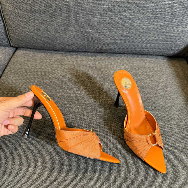 LOLA HIGH MULES IN TANGELO ORANGE SMOOTH LAMBSKIN AND DRAPED JERSEY