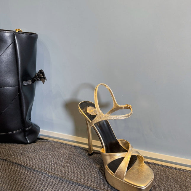 YSL 26S CROSS-STRAP SANDALS 150 MM IN GOLD CALFSKIN