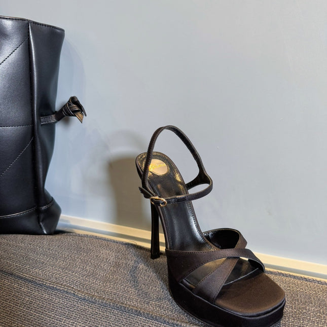 YSL 26S CROSS-STRAP SANDALS 150 MM IN BLACK SATIN