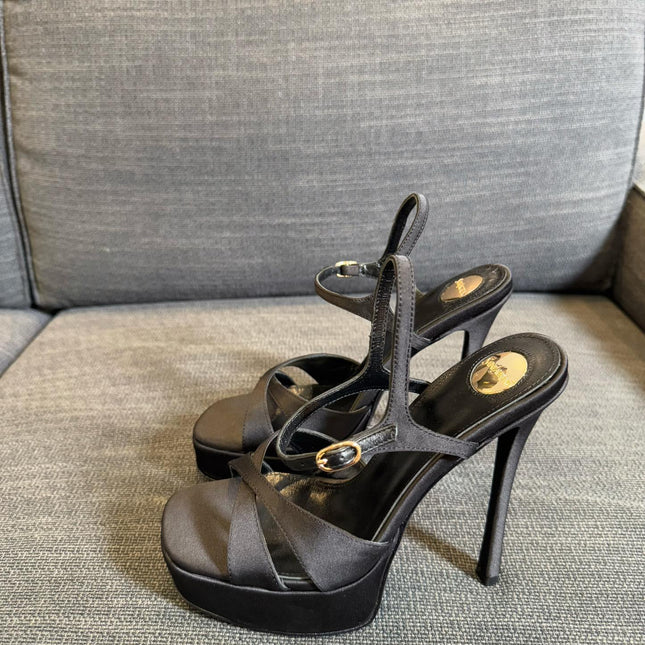 YSL 26S CROSS-STRAP SANDALS 150 MM IN BLACK SATIN