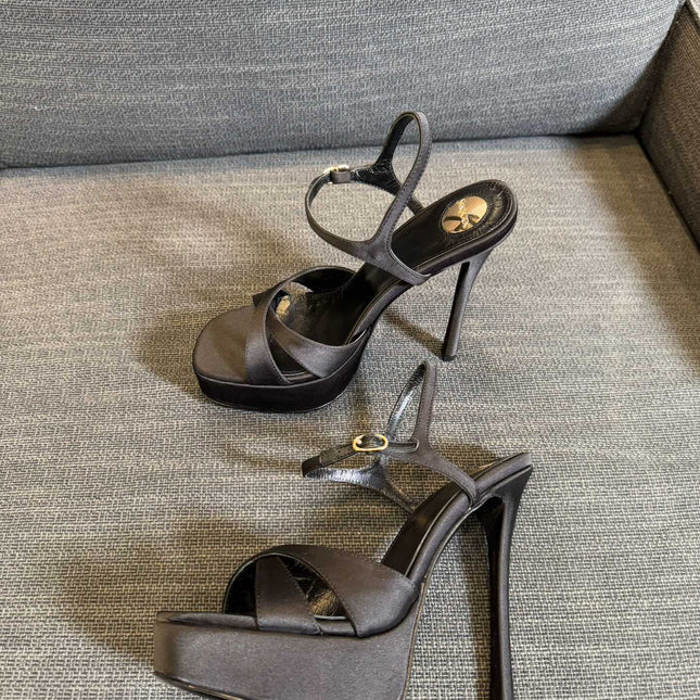 YSL 26S CROSS-STRAP SANDALS 150 MM IN BLACK SATIN
