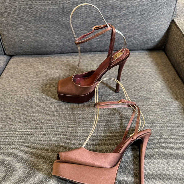 YSL 26S PLATFORM SANDALS 150 MM IN BROWN SATIN