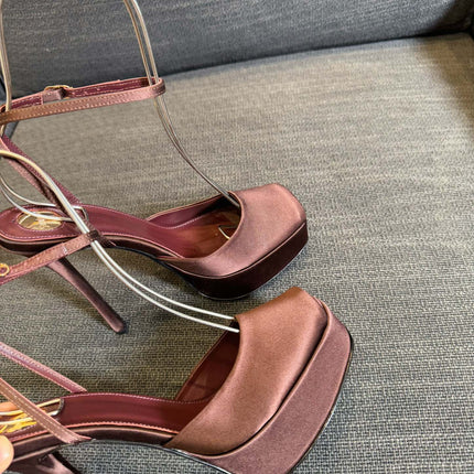 LA SCANDALE PLATFORM SANDALS IN DARK CAPPUCCINO SATIN