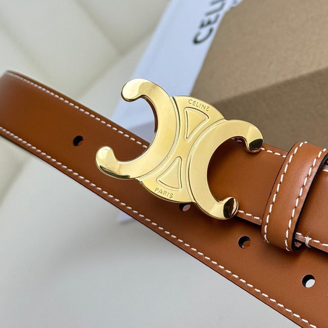 MEDIUM TRIOMPHE BELT 25MM BRONZE BROWN LEATHER GOLD HARDWARE
