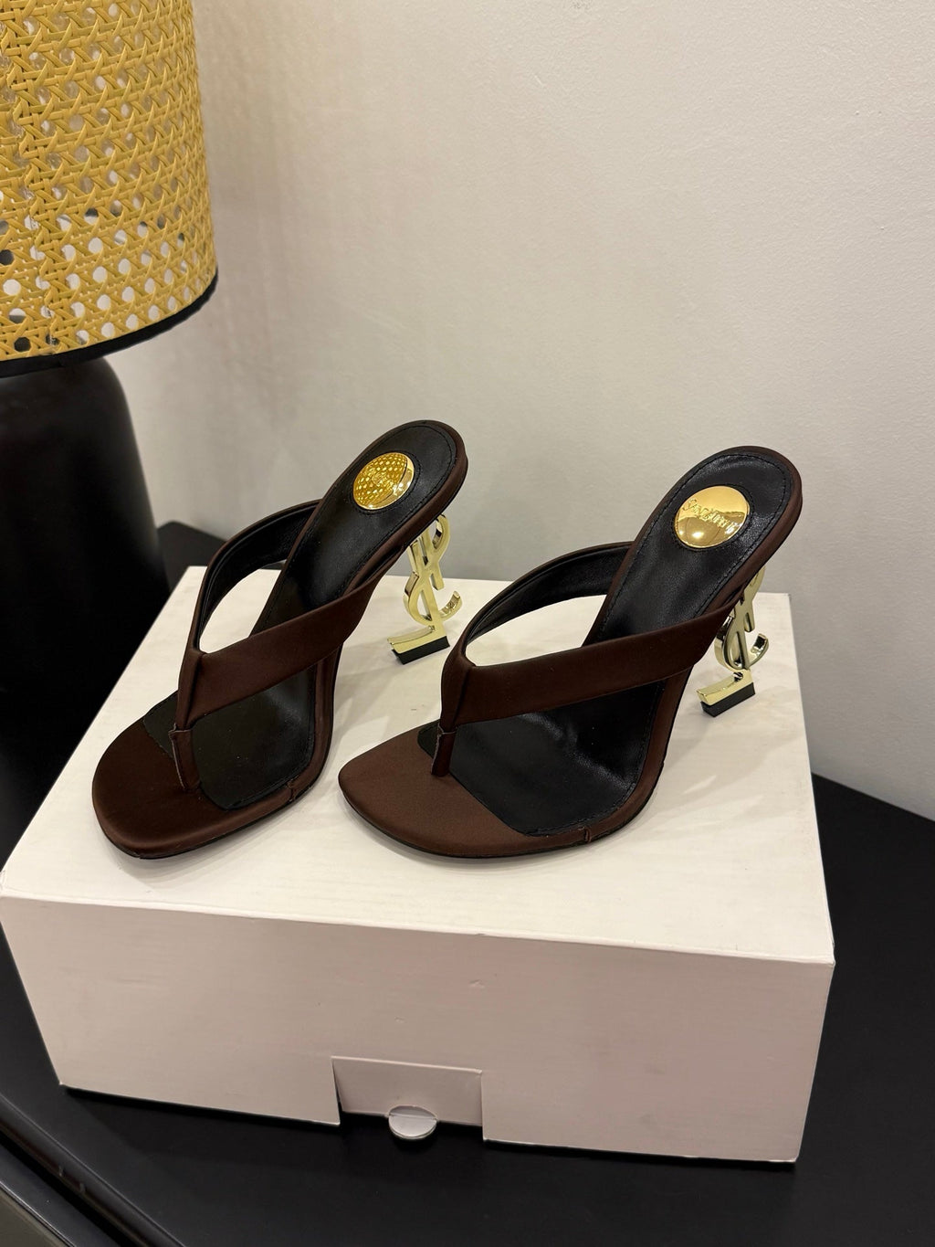 YSL 26S TOE-POST HIGH HEEL SANDALS IN DARK BROWN SATIN