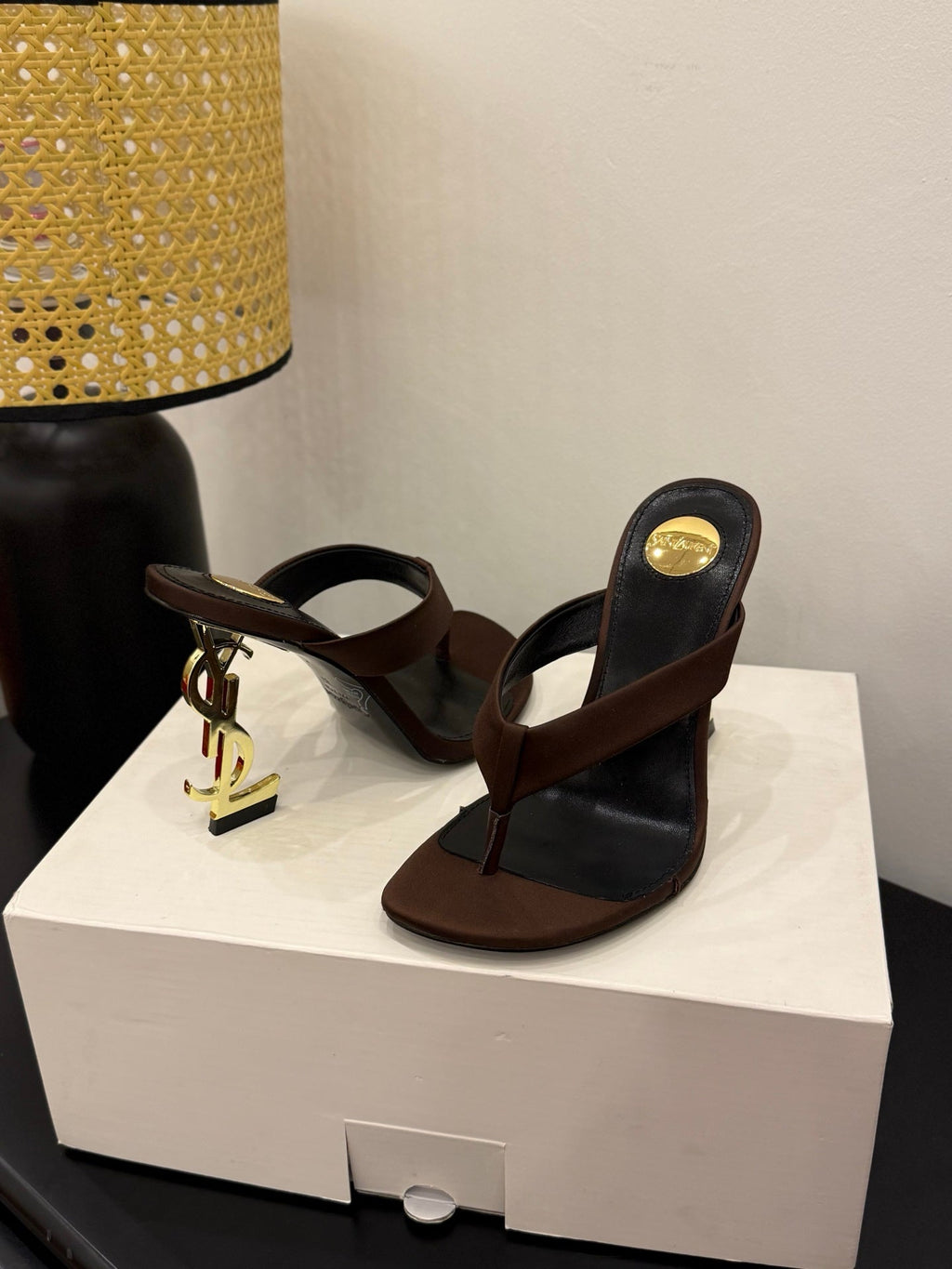YSL 26S TOE-POST HIGH HEEL SANDALS IN DARK BROWN SATIN