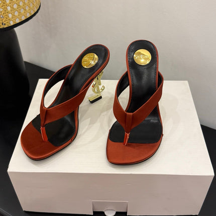 YSL 26S TOE-POST HIGH HEEL SANDALS IN ORANGE SATIN