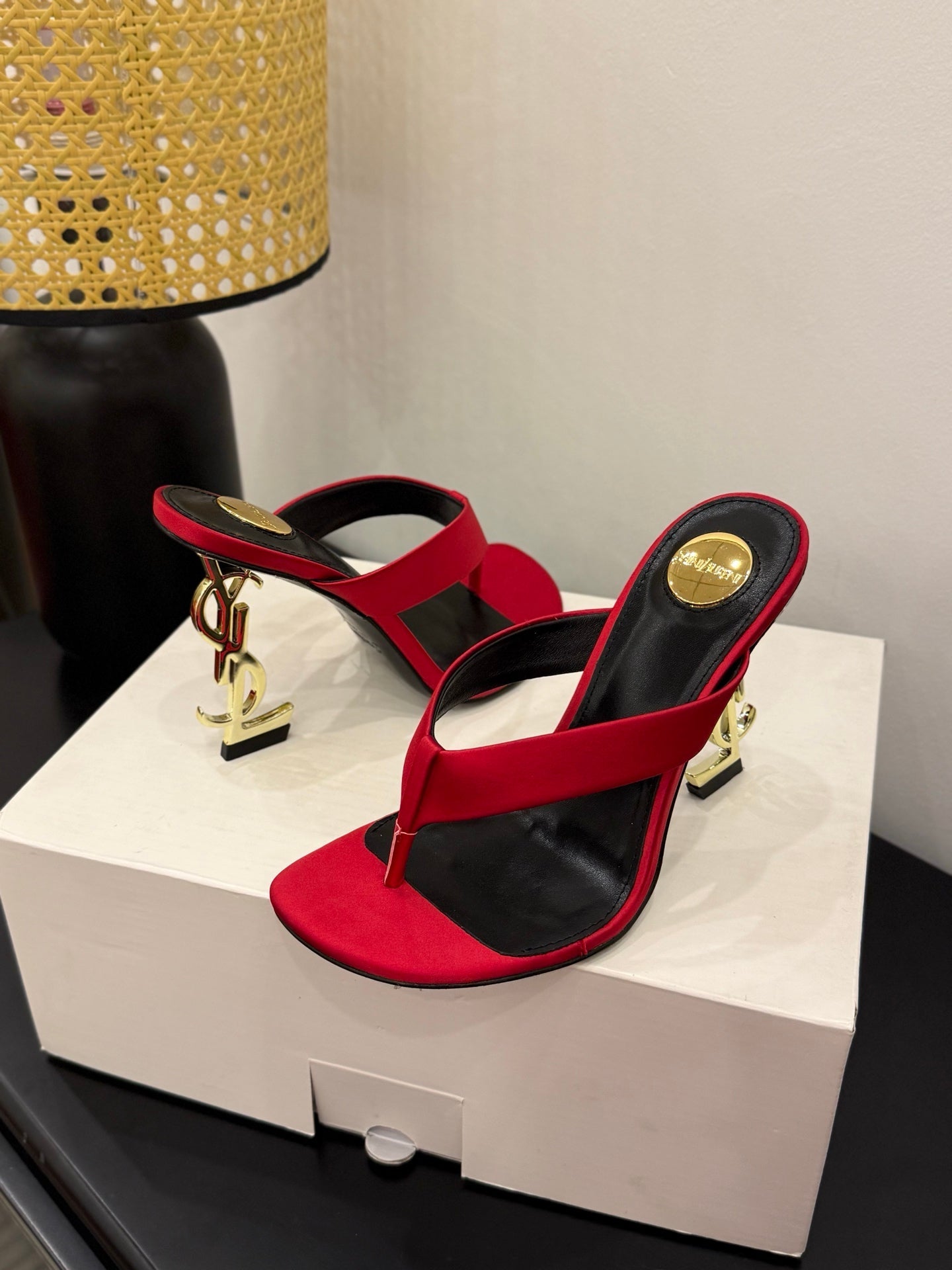 YSL 26S TOE-POST HIGH HEEL SANDALS IN RED SATIN