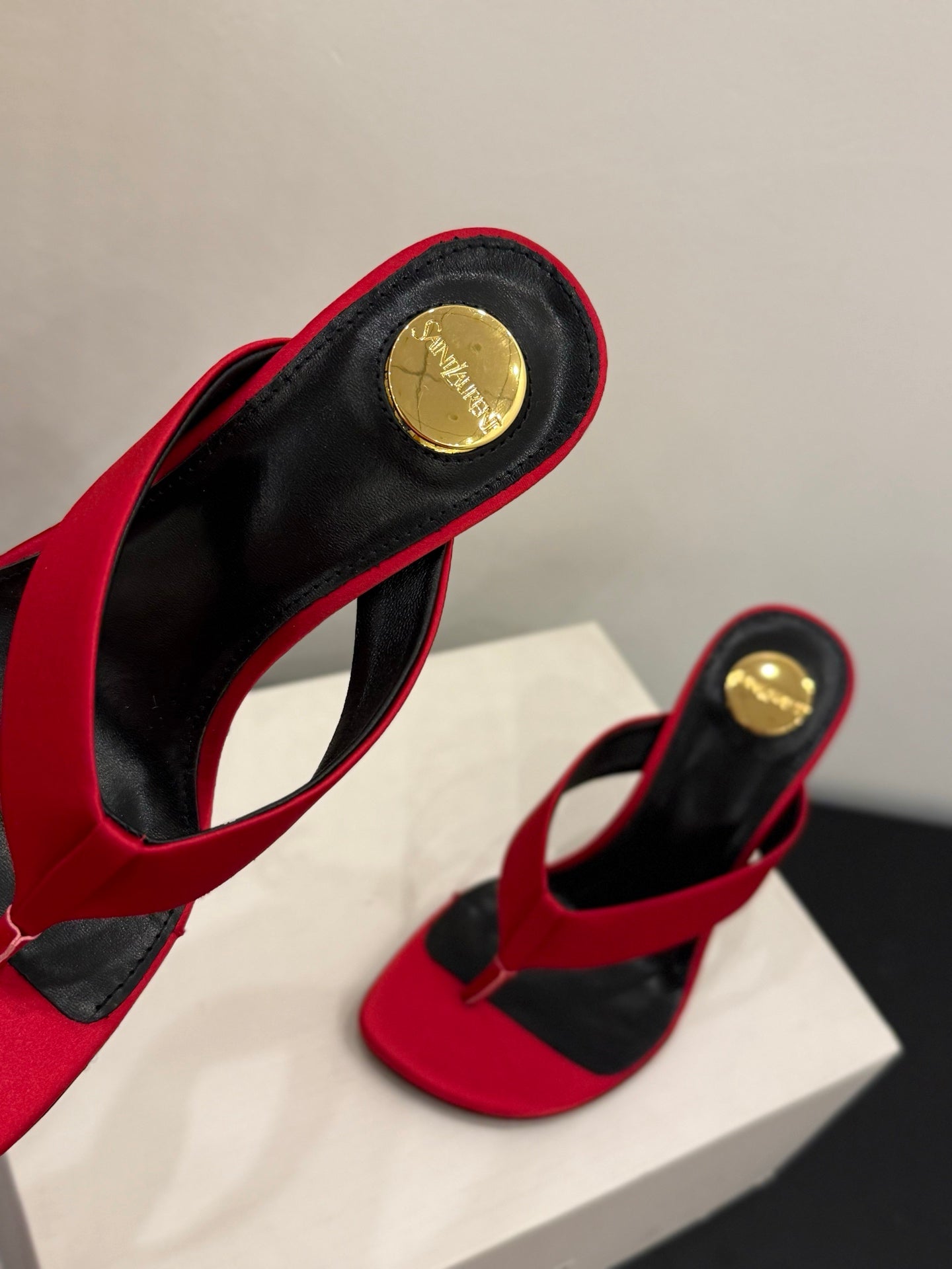 YSL 26S TOE-POST HIGH HEEL SANDALS IN RED SATIN