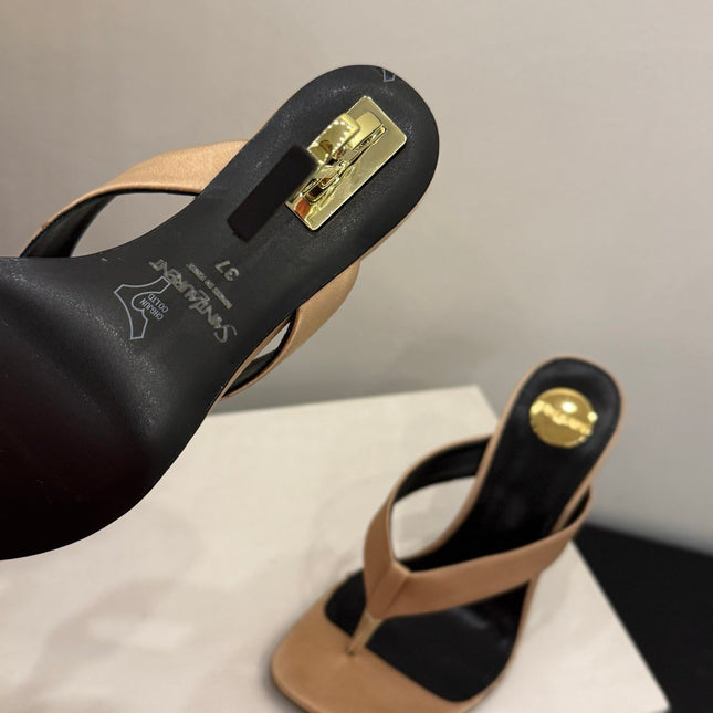 YSL 26S TOE-POST HIGH HEEL SANDALS IN SANDY BROWN SATIN