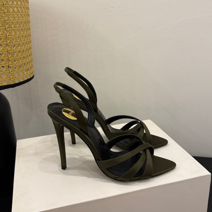 YSL 26S HIGH-HEELED SANDALS 105 MM IN BLACK SATIN