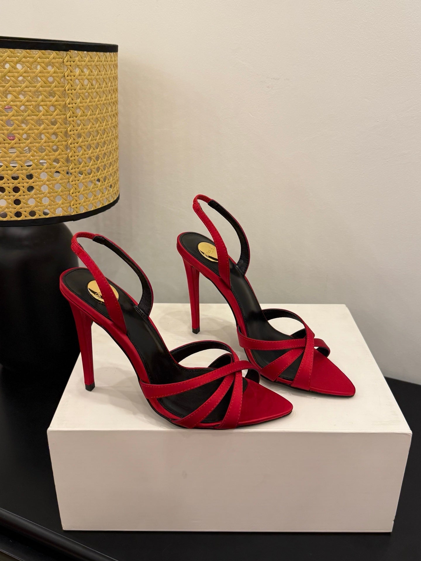 YSL 26S HIGH-HEELED SANDALS 105 MM IN RED SATIN