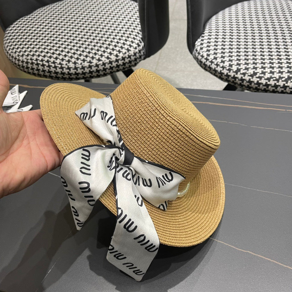 MIUMIU SMALL-BRIM STRAW HAT IN BEIGE AND PEARL EMBELLISHED
