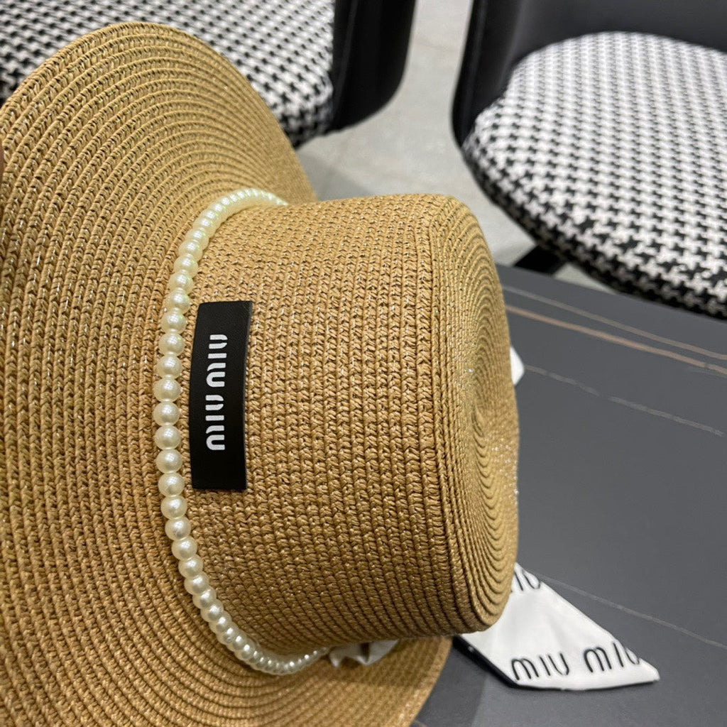MIUMIU SMALL-BRIM STRAW HAT IN BEIGE AND PEARL EMBELLISHED