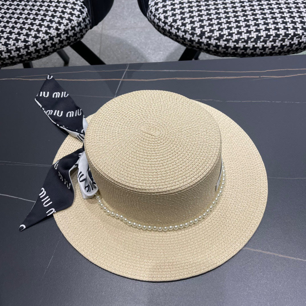 MIUMIU SMALL-BRIM STRAW HAT IN LIGHT BEIGE AND PEARL EMBELLISHED