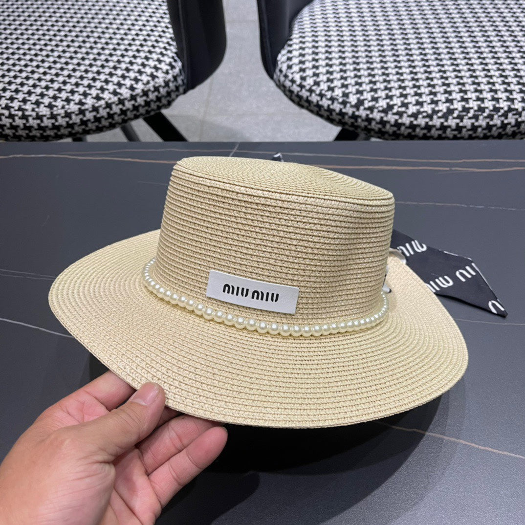 MIUMIU SMALL-BRIM STRAW HAT IN LIGHT BEIGE AND PEARL EMBELLISHED
