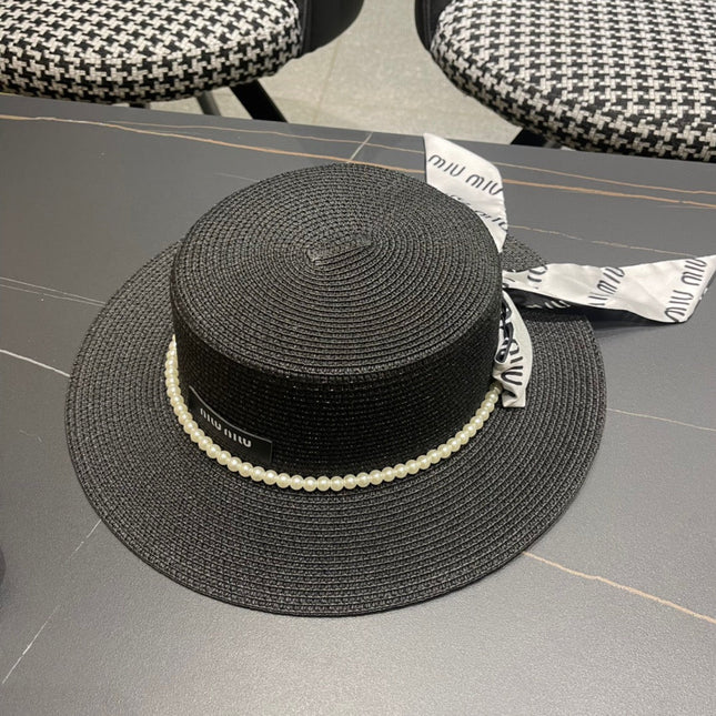 MIUMIU SMALL-BRIM STRAW HAT IN BLACK AND PEARL EMBELLISHED