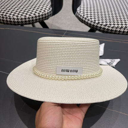 MIUMIU SMALL-BRIM STRAW HAT IN CREAM WHITE AND PEARL EMBELLISHED