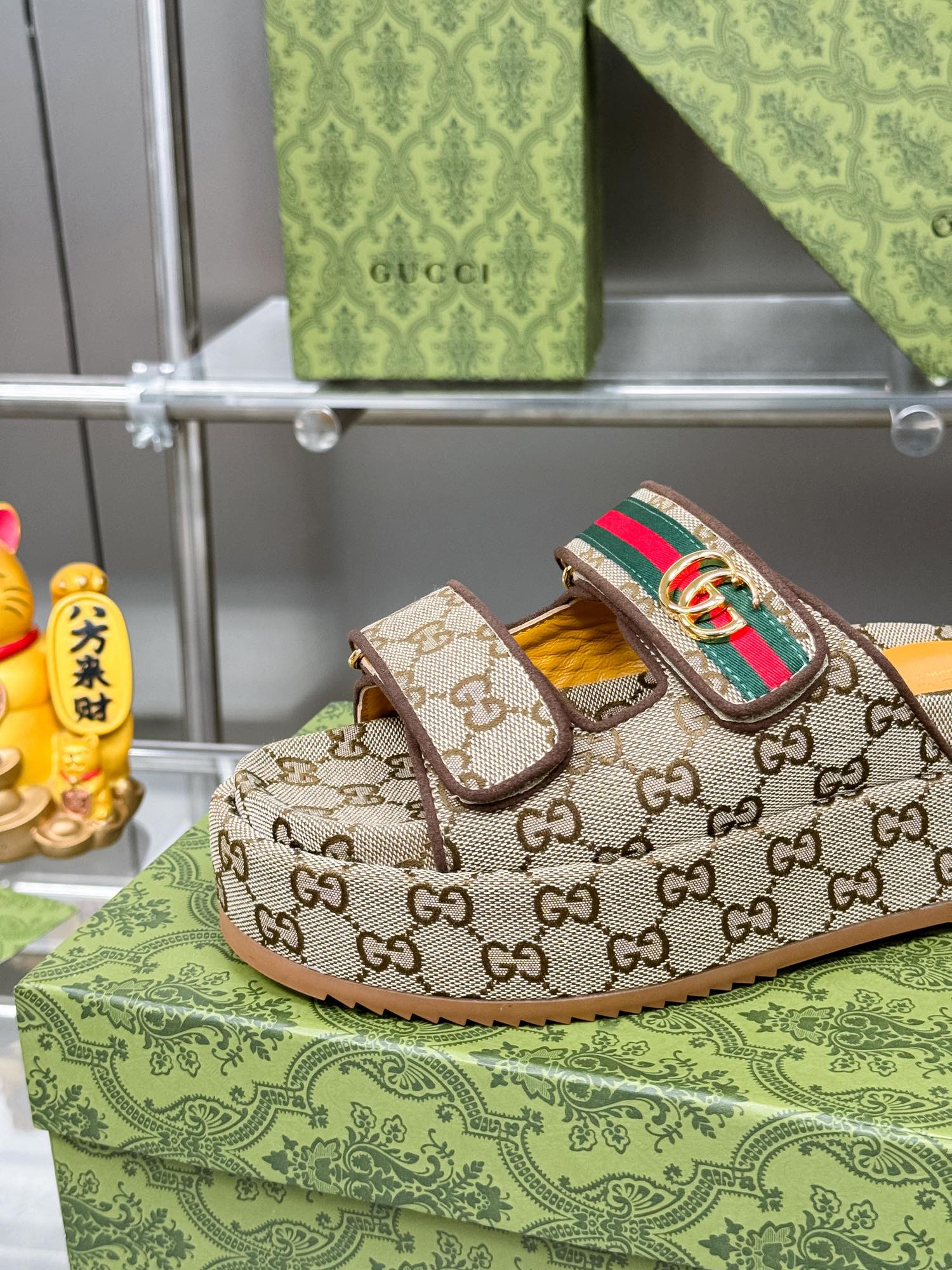 GG SANDALS 22 IN BEIGE FABRIC WITH GOLD HARDWARE