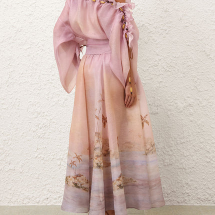 ZIMMER SILK MIDI DRESS IN PASTEL BLUE-GREEN AND LIGHT PURPLE